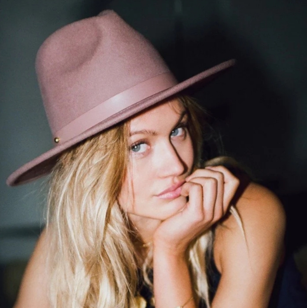 Lack of Color Dusty Rose Pink Wool Fedora Hat Wide Brim Leather Band Stud Detail